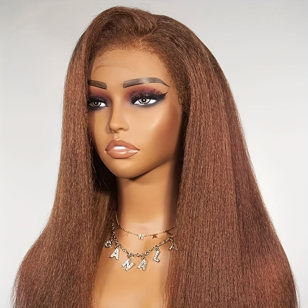 Reddish Brown Italian Yaki Straight Human Hair Wig for - 13x6 Lace Front with Pre-Plucked Baby Hair, 180% Density 32 Inch Natural Look, Elegant Style for All Ethnicities, Versatile Hairpiece | Sleek Hairpiece